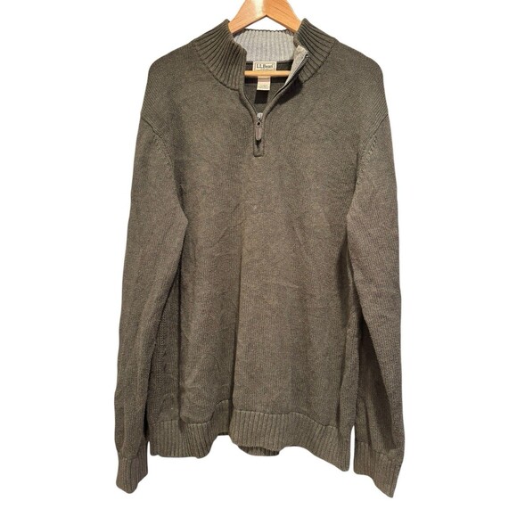 Mens Vtg LL Bean Green Pullover Henley Fisherman 1/4 Zip Sweater USA Large Tall - Picture 1 of 5